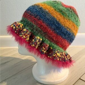 Lady Ruffle Knitted Bucket Hat Fishing Cap Winter Warm Faux Fur Trim Retro Soft